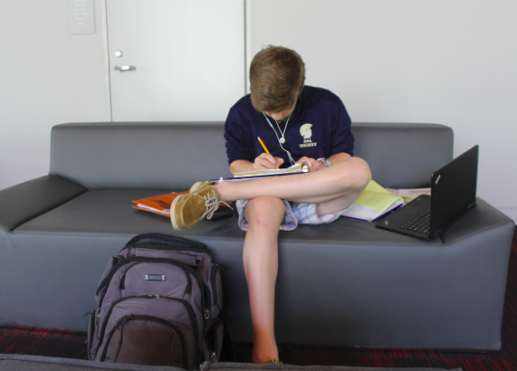 Freshman Nolan Gifford gets work done in the Huss Center for the Performing Arts. I like having free periods because its more freedom and I get work done, he said.