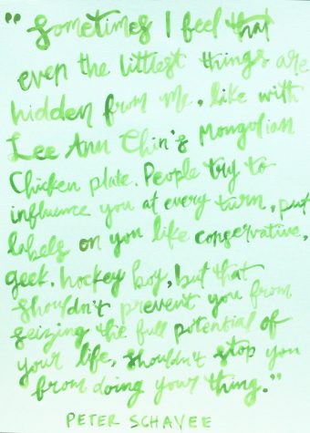 "Sometimes I feel that even the littlest things are hidden from me, like with Lee Ann Chin’s Mongolian Chicken plate. People try to influence you at every turn, put labels on you like conservative, geek, hockey boy, but that shouldn’t prevent you from seizing the full potential of your life, that shouldn’t stop you from doing your thing," senior Peter Schavee said during his speech on Friday, Sept. 9.