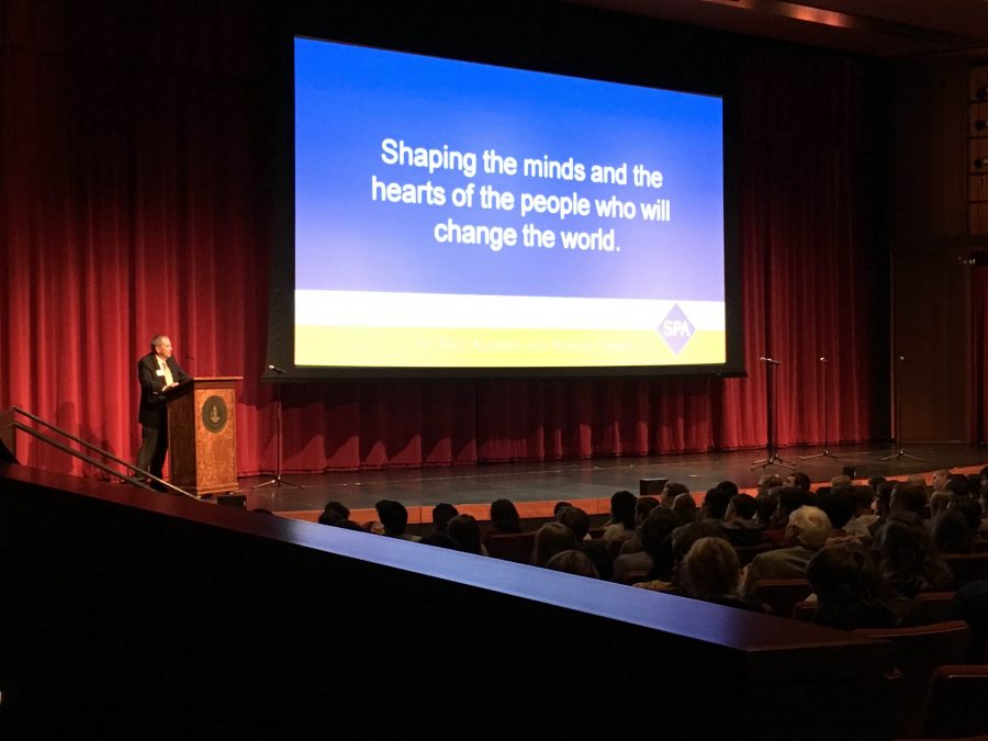 Tuesday Assembly opened with the announcement of a new addition to the Upper School: the Schilling Center, a math and science wing that will open in 2018.  Mr. Schilling spoke to the student body about his student experience at SPA and his hope that this gift to the school would provide 21st Century innovation.