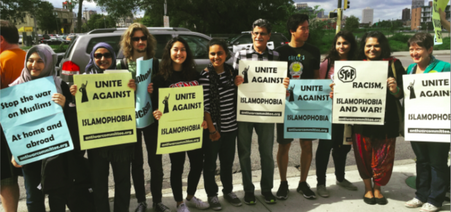 MSA members, teachers and other SPA students march and hold signs to protest  against Islamophobia. 