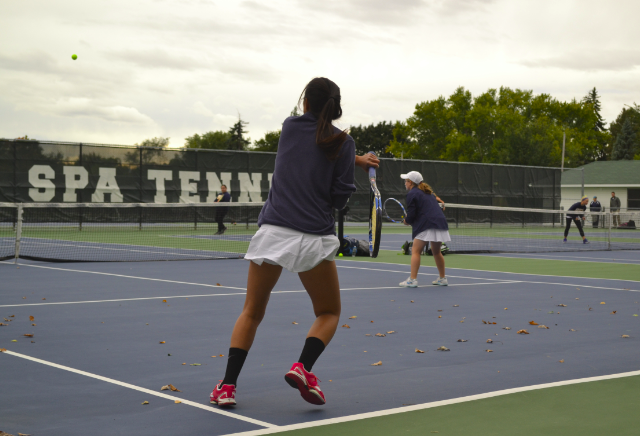 Senior JinJin Roen and Sophomore Lily Nestor play doubles against Breck on Sept. 27.