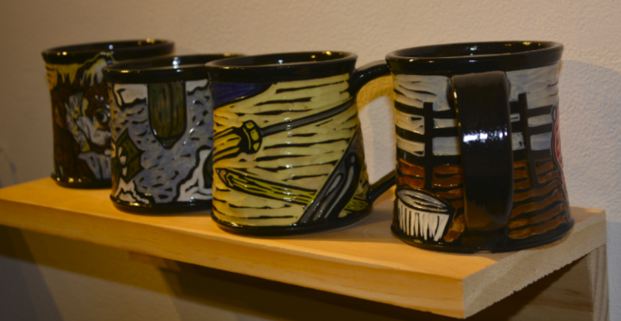 Embellished mugs by artist Lazarre Rottach.