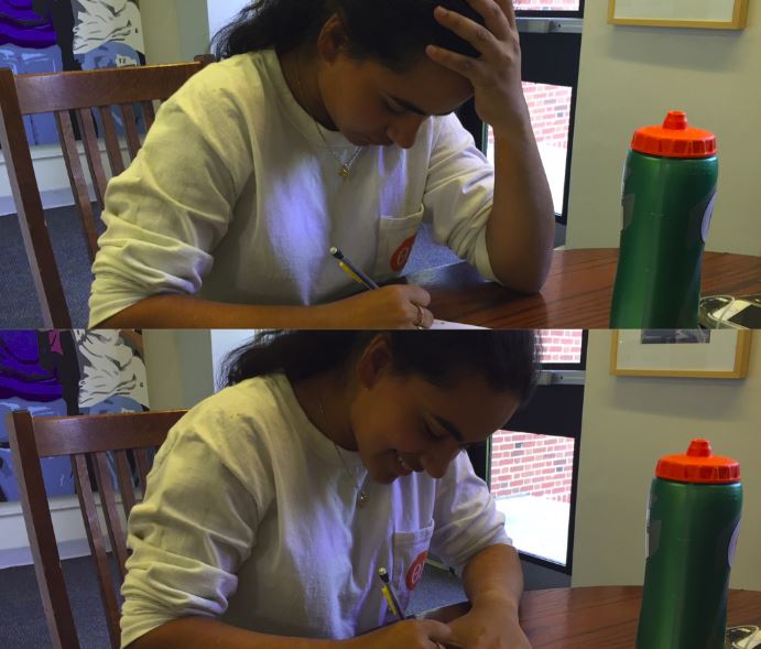 Senior Sarah Murad demonstrates the difference in stress levels between the old and new exam schedule. The new schedule allows students to feel more relaxed and prepared going into their exam.