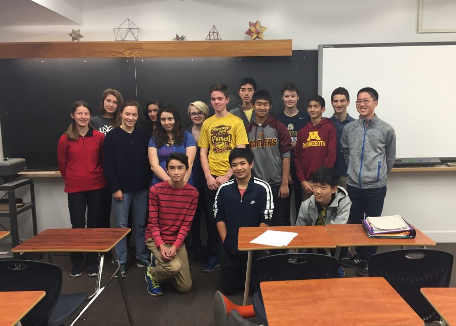 The Math team comes together when clubs meet to prepare for their next competition on Nov. 28. Pictured from left to right in the top row is 9th grader Ayla Straub, senior Sophie Jaro, sophomore Michaela Polley, senior Shefali Bijwadia, sophomore Kayla Edmunson, senior Ellie Brass, sophomore Matt Pauly, 9th grader Richard Chang, sophomore Justin Hla, 9th grader Nathan Sobotka, 9th grader Samir Bijwadia, junior Benjamin Konstan, and Sophomore Jeffrey Huang. In the bottom row from left to right are 9th grader Sam Hansen, sophomore Jonathon Pomerantz, and 9th grader Allen Wang.