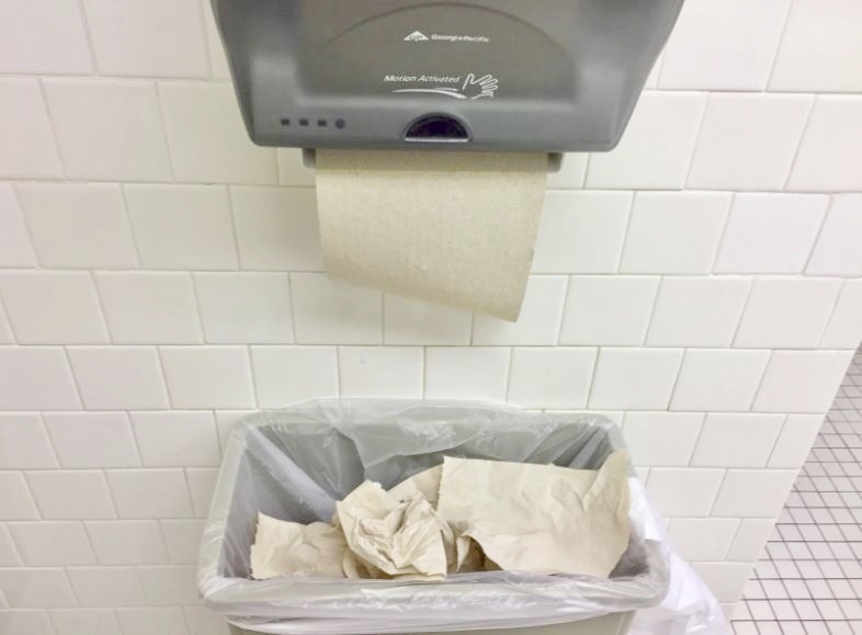 The use of paper towels in the bathroom is noticeably excessive: they spill from garbage bins, sometimes falling onto the floor.