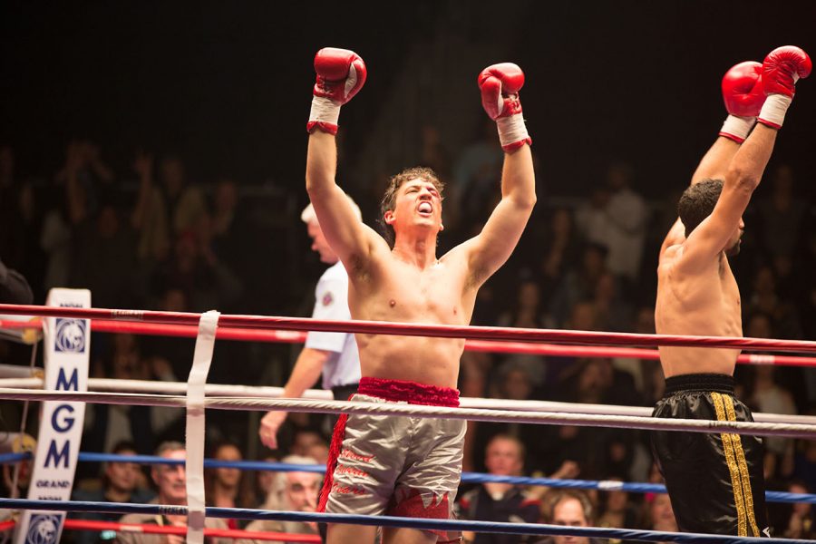 Vinny Pazienza (Miles Teller) pumps his fist in the air before a fight at MGM Grand Arena in Las Vegas, Nevada in 1994.