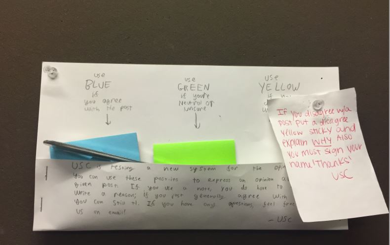 USC's color coded post-it responses for the Opinion board provide a new way for students to contribute.