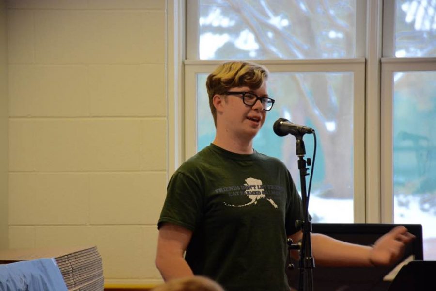 Junior Tucker Waltenbaugh performed stand up at Iris: Art and Literatures Winter Open Mic night on Jan. 25. “Comedy goes both ways: you get to learn about your audience and your audience gets to learn about the comedian.
