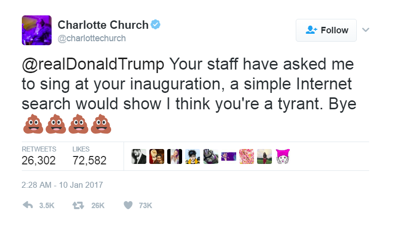Welsh music artist Charlotte Church blatantly refused to perform at Donald Trumps Presidential Inauguration in a tweet on Jan. 10. In response, an online battle arose between people giving her backlash and people backing her up.