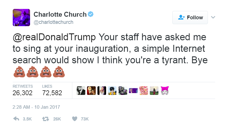 Welsh music artist Charlotte Church blatantly refused to perform at Donald Trump's Presidential Inauguration in a tweet on Jan. 10. In response, an online battle arose between people giving her backlash and people backing her up.