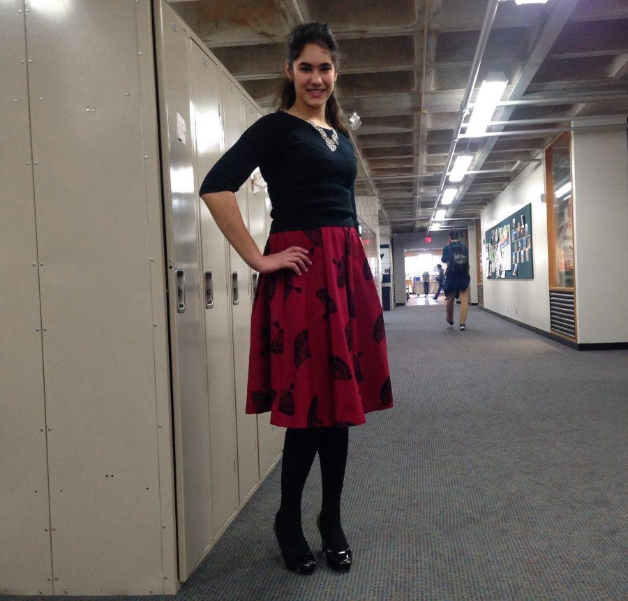Junior Naya Tadavarthy shows off her full, knee length circle skirt in a rich burgundy shade. The skirt is from Tatyana, vintage clothing brand inspired by the fashion of the 1940s-50s. 
