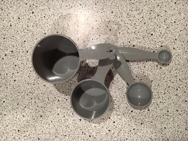 You'll need a 1 cup and 1/2 cup measure, as well as a Tablespoon and 1/2 teaspoon.