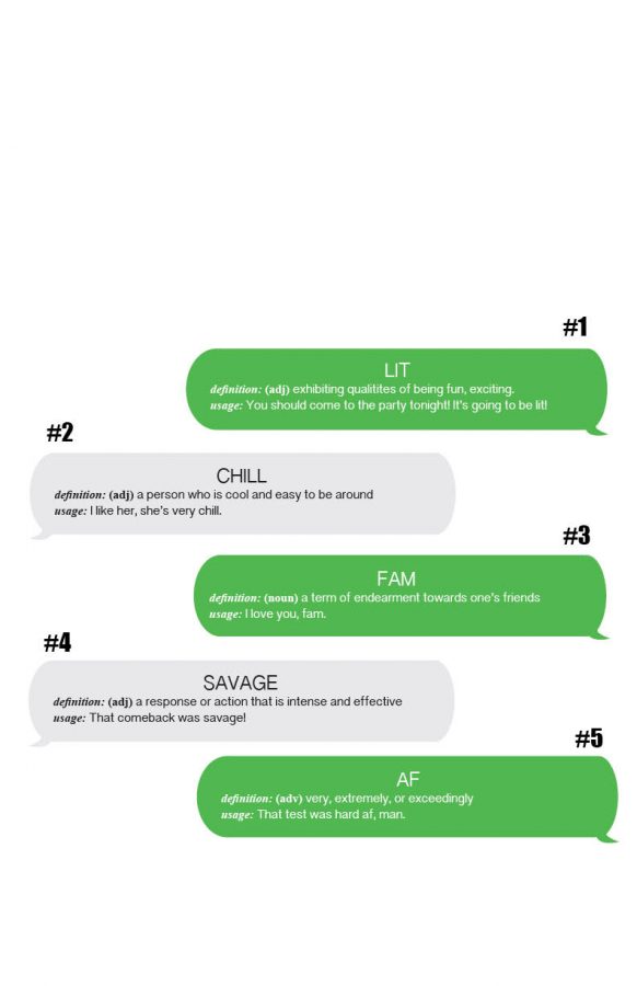 LIT AF FAM. Common slang terms used by students ranked in order from most frequently used to least frequently used according to a poll of 11% of the student body. With every passing month, new terms or acronyms make their way around via messages, Tumblr, Twitter, Instagram, and day-to-day conversations. 
Infographic: Mari Knudson and Iya Abdulkarim