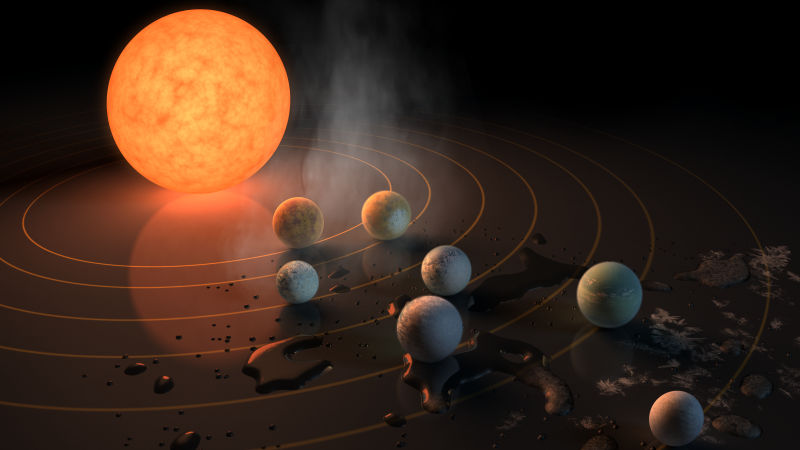 This artists rendering shows what the seven planets might look like. (Credit: NASA/JPL-Caltech)