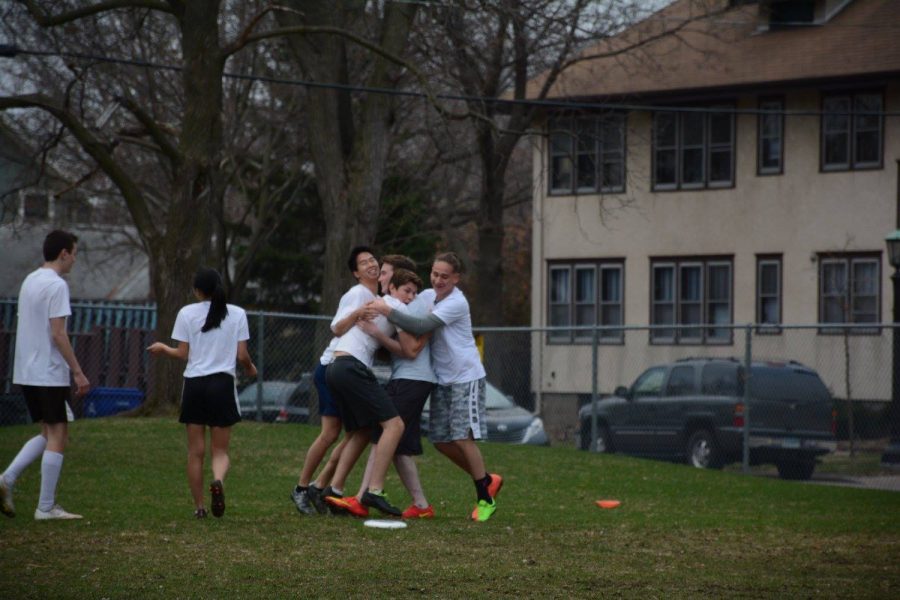 The team in celebration after scoring. 