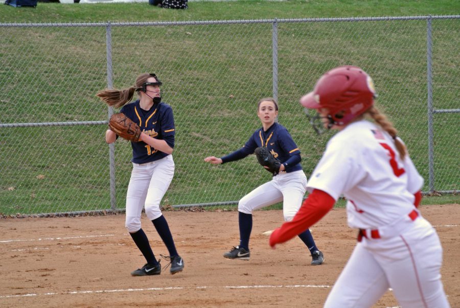 Kathleen+Bishop+catches+and+prepares+to+throw+the+softball