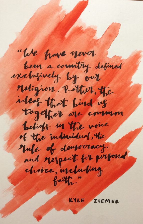 “We have never been a country defined exclusively by our religion. Rather, the ideas that bind us together are common beliefs in the voice of the individual, the rule of democracy and respect for personal choice, including faith, senior Kyle Ziemer said during his speech on Feb. 27.