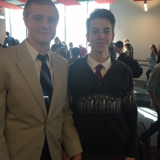 Jesper Salverda and Nikolaus Elsaesser pose for a picture outside of Huss Auditorium