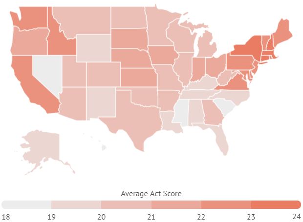 The average ACT scores for each state.
