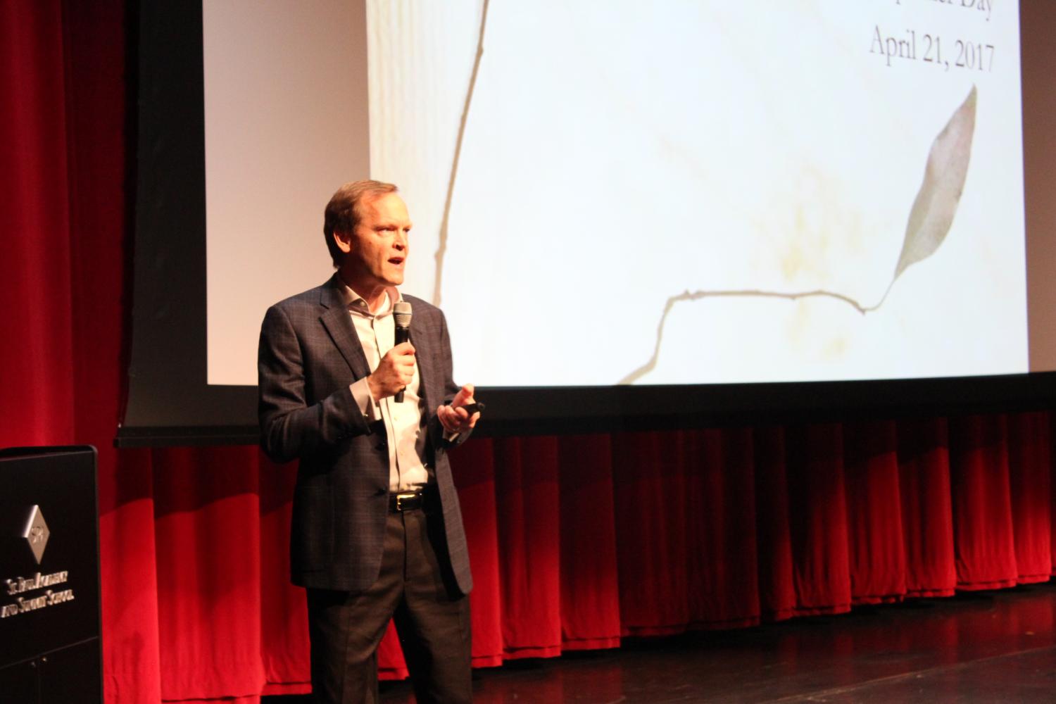 Keynote speaker Erik Olson talks to the Upper School about the environment and forming his identity.