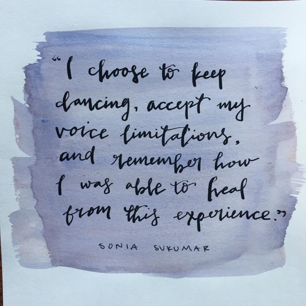 I choose to keep dancing, accept my voice limitations, and remember how I was able to heal from this experience, senior Sonia Sukumar said during her speech. 