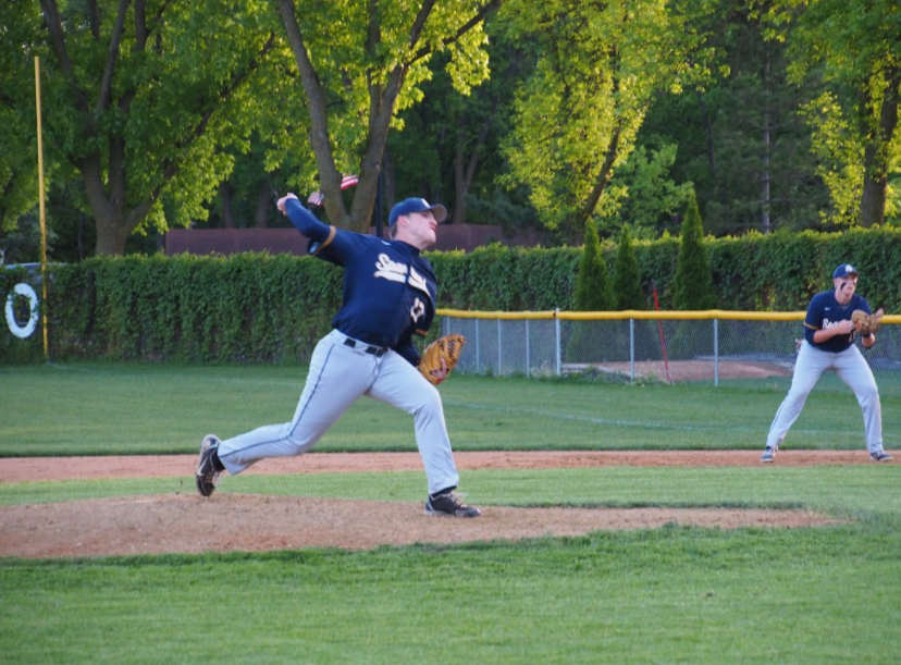 Senior Emerson Egly on the mound is backed up by junior Jesper Salverda on first base.