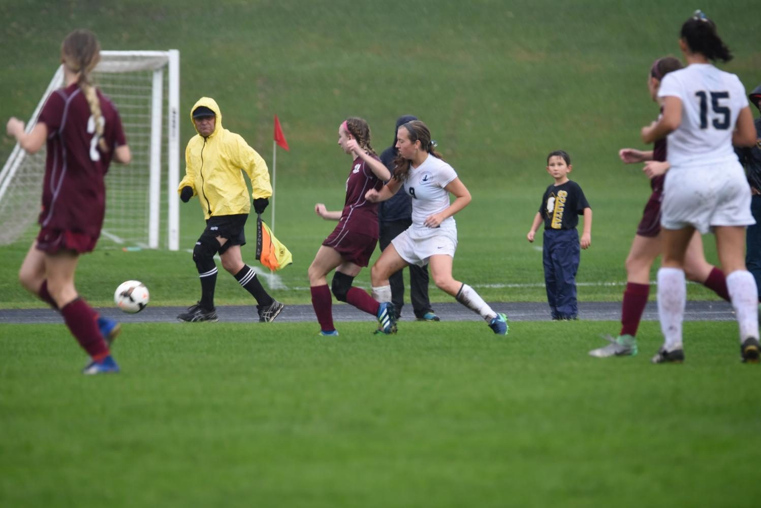 Senior Hayley Hoffman applies pressure on a Northfield defender.