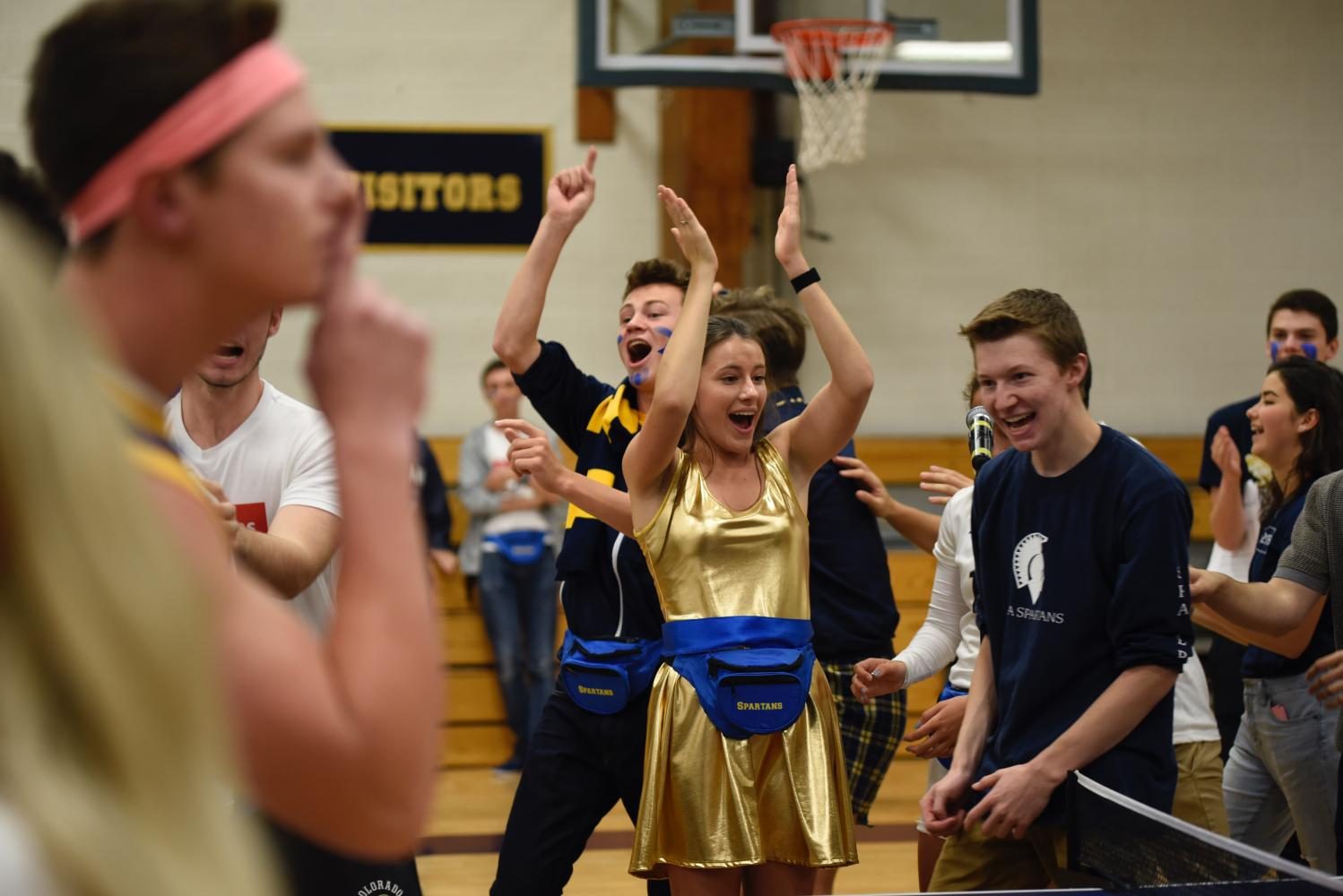 Seniors celebrate a point won by seniors Rahul Dev and Ryan Kuntz in the ping pong championship.