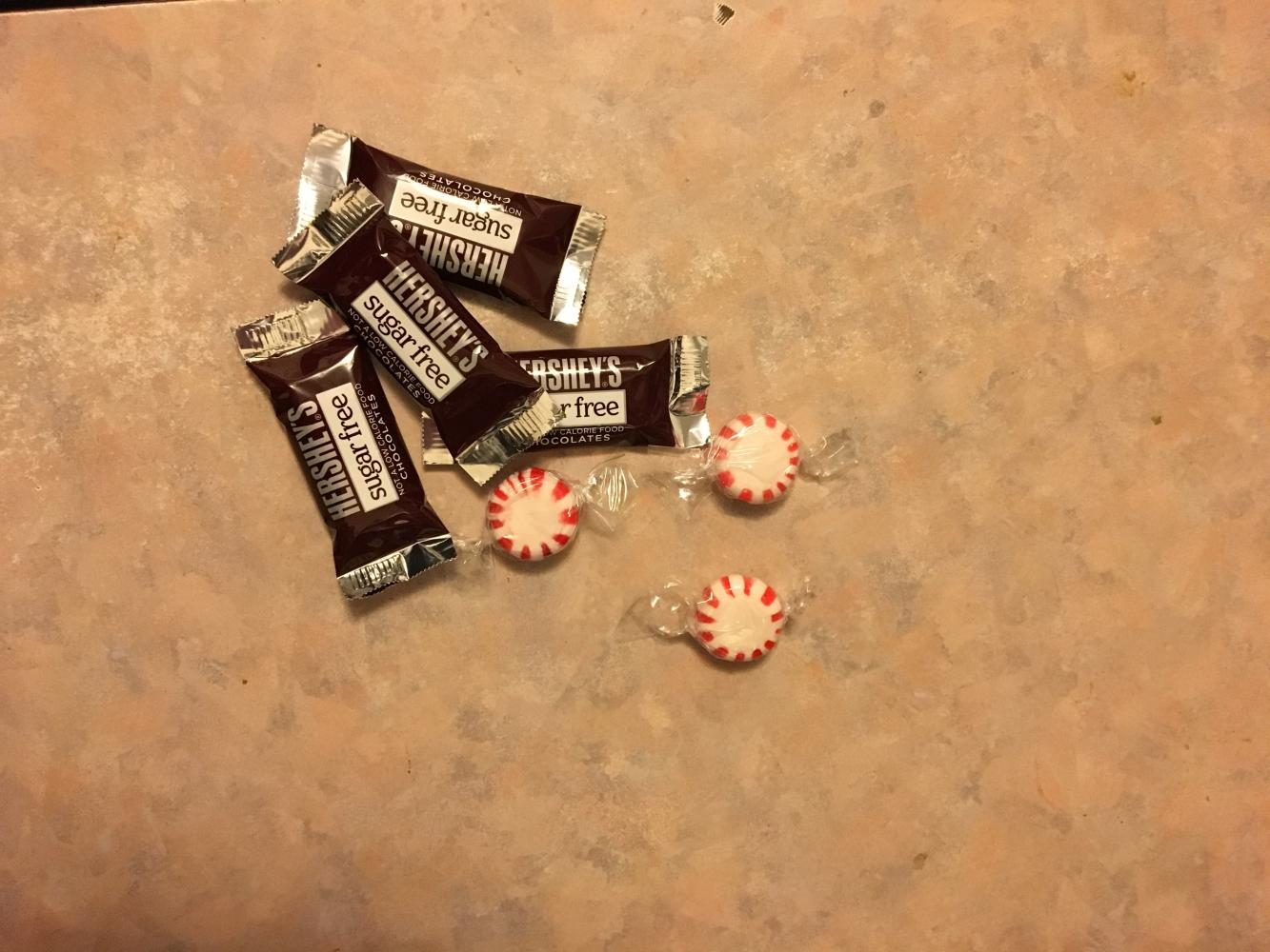 The only two ingredients needed are Hershey's chocolate bars and peppermint candies. 