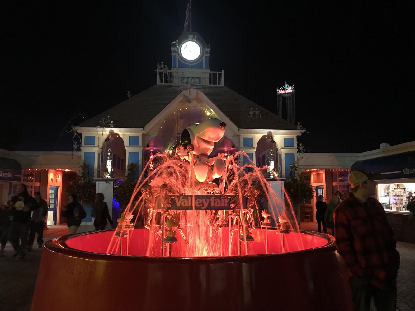 DRIP, DRIP, DRIP. The normally cheerful entrance fountain at Valleyfair takes on an ominous hue at night. Valleyfair transforms into ValleySCARE after 6:30 p.m. every night, through Oct 28.