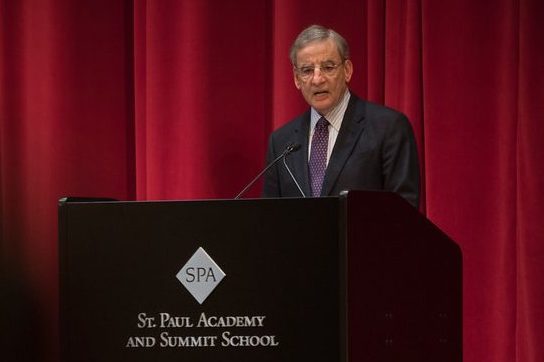 Head of School Bryn Roberts speaks at the opening assembly. “It is incumbent upon us, whether we are in an academic conversation or political conversation to learn to listen carefully with whom we don’t necessarily agree and to learn from that,” Roberts said.