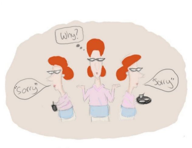 Cartoon illustration done by Senior Web Lehmann illustrates the lack of meaning from the overuse of the word "sorry".  