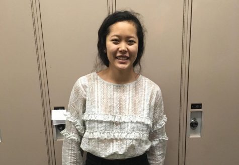 Junior Elea Besse poses with a white, ruffly sweater.  My favorite sweater is a giant hoodie that I own because it feels like Im wearing a blanket, Besse said. 