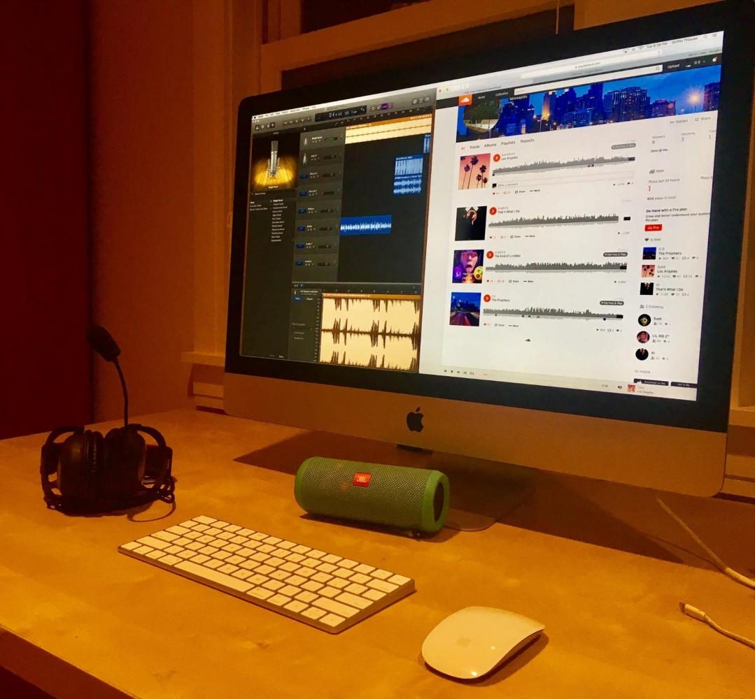 A simple set-up for a  SoundCloud artist includes a recording system and their beats. "I kind of just started it with my friends and then uploaded it to SoundCloud and it kind of took off,” senior Turab Naqvi said.
