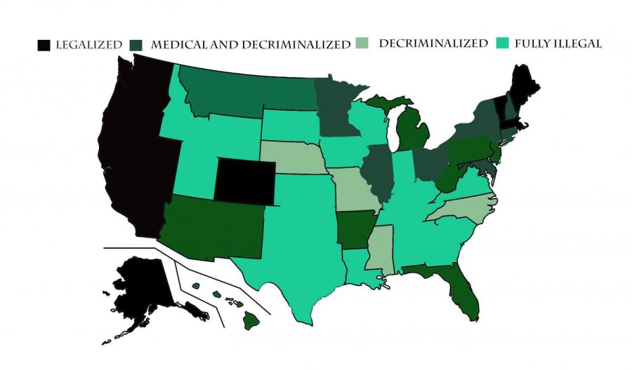Marijuana has been fully legalized (including medicinal and recreational use) in nine states, while many have only defined its use in medical treatment as legal. “One of the biggest things is that [marijuana legalization] allows a legal market, so it can be taxed. It also allows for job creation and private enterprise, so there's an entire new market to be entered; it's a great tax benefit for the government as well," Elsaesser said. Data source:  Marijuana Policy Project 