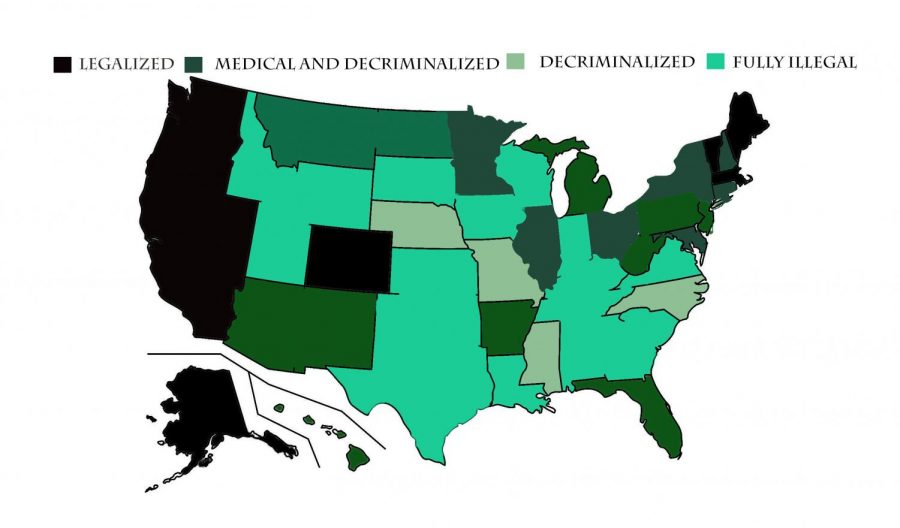 Marijuana has been fully legalized (including medicinal and recreational use) in nine states, while many have only defined its use in medical treatment as legal. “One of the biggest things is that [marijuana legalization] allows a legal market, so it can be taxed. It also allows for job creation and private enterprise, so theres an entire new market to be entered; its a great tax benefit for the government as well, Elsaesser said. Data source:  Marijuana Policy Project 