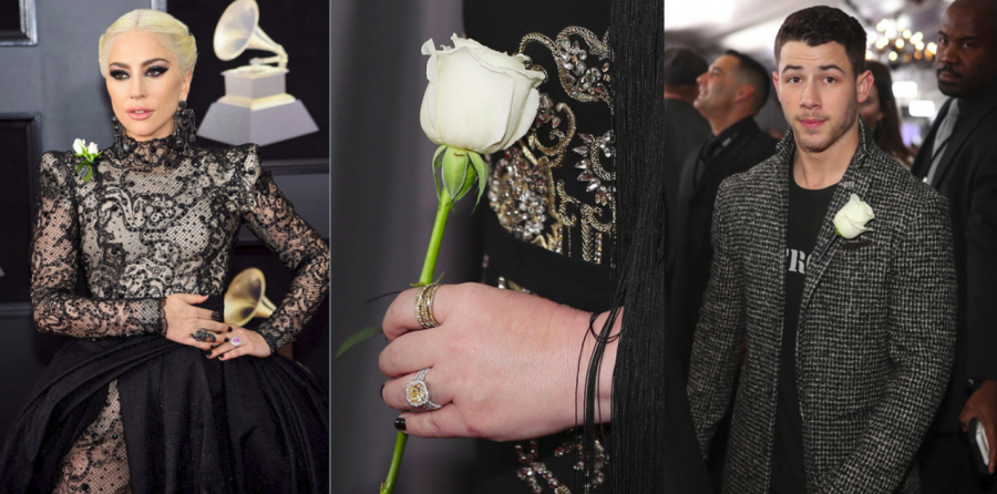 Grammy+attendees+Lady+Gaga+and+Nick+Jonas+wear+white+roses+to+symbolize+their+support+of+womens+rights.+