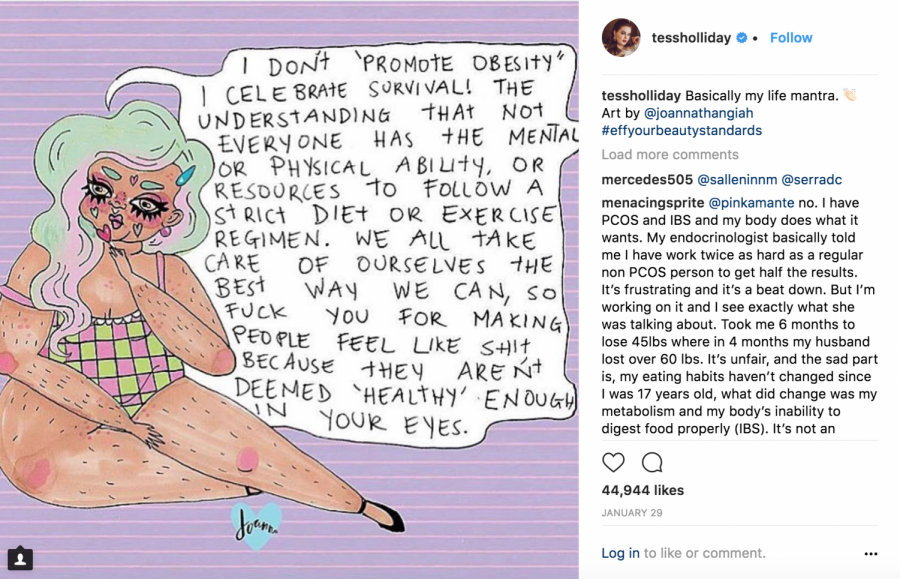 Tess Holliday posts images and illustrations promoting body positivity, and offers an important voice in the challenge against body dissatisfaction and diet culture.