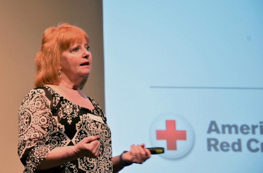 Blood Drive speaker Karla Fenstermaker spoke to students Tuesday morning in The Huss Center about donating blood