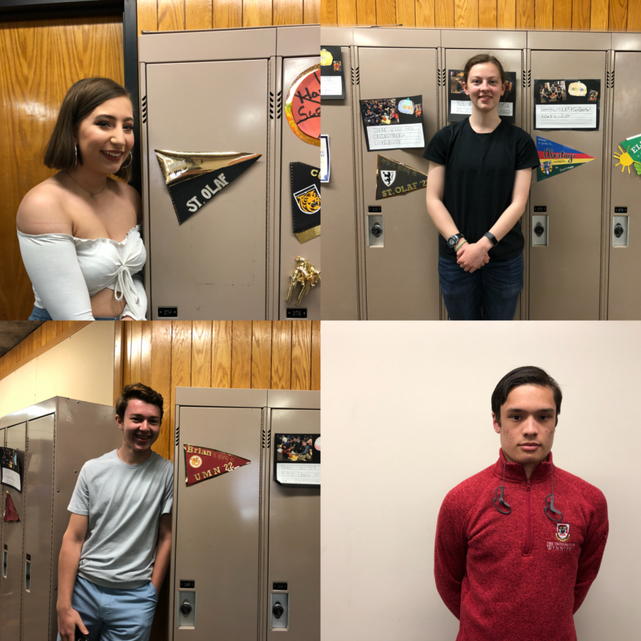 Seniors Sylvie Schifsky, Sabrina Rucker, Brian Orza and Erik Quillopa showcase the school they will be going to through flags on their lockers and school gear.