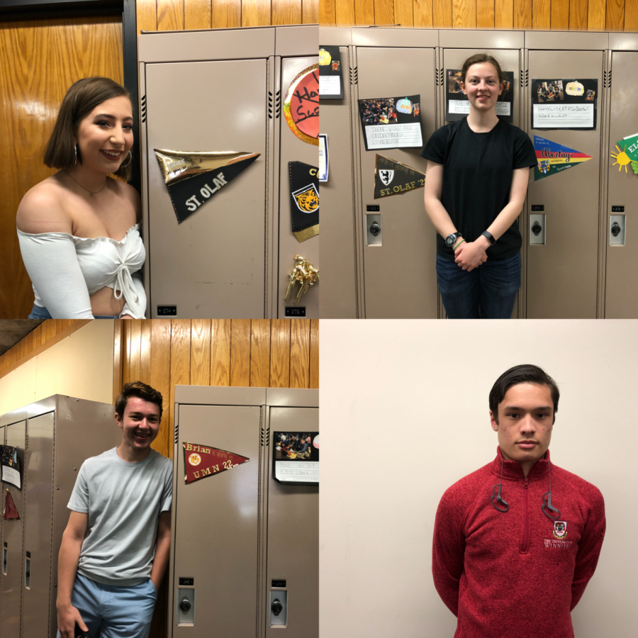 Seniors+Sylvie+Schifsky%2C+Sabrina+Rucker%2C+Brian+Orza+and+Erik+Quillopa+showcase+the+school+they+will+be+going+to+through+flags+on+their+lockers+and+school+gear.