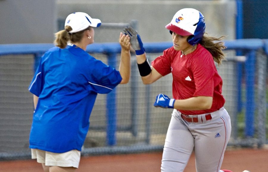 Head+coach+Liz+Kocon+during+a+game+while+playing+for+the+Division+I+Kansas+softball+team.+