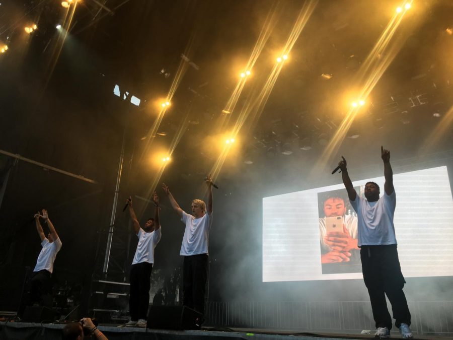 BROCKHAMPTON performs at Lollapalooza (from left Bearface, Joba, and Kevin Abstract). After losing founding member Ameer Vann the band had to work around performing songs with his verses.