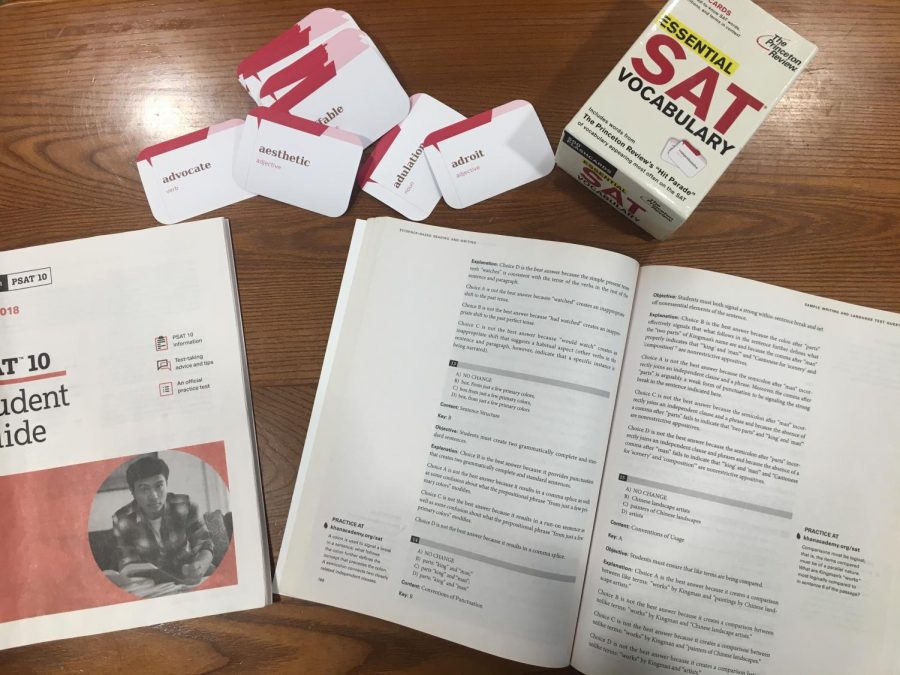 SAT prep class materials found in the college counseling room are open for all students to use. 