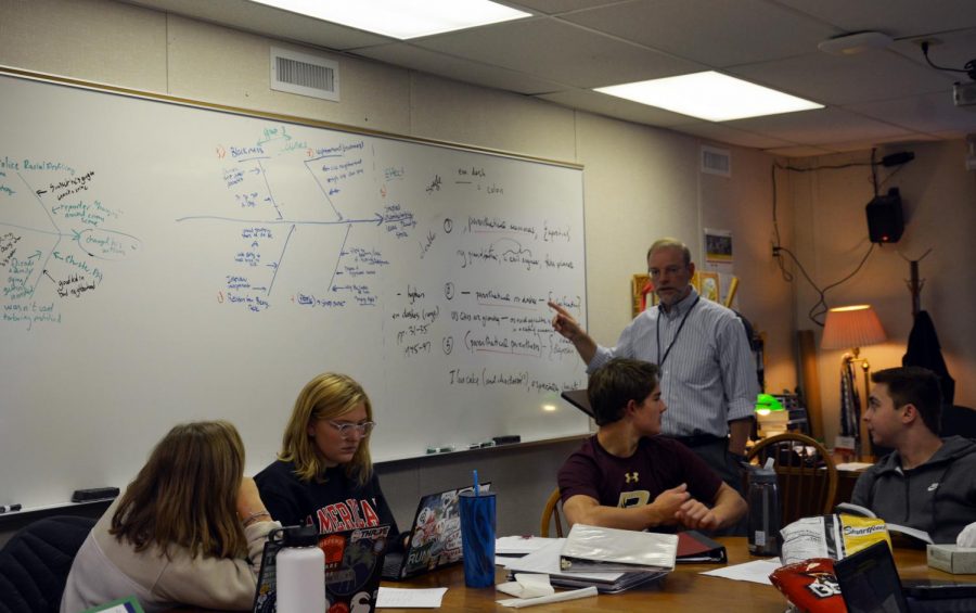 US English teacher Randall Findlay presents modes of writing in Writing Seminar. English teachers are always talking about how to modernize their classes and open them up to many points of view. Really the biggest change you’ll see, [is the] sort of adaptation of our curriculum to reflect real world and real international sorts of ideas and how we relate to those, Findlay said.