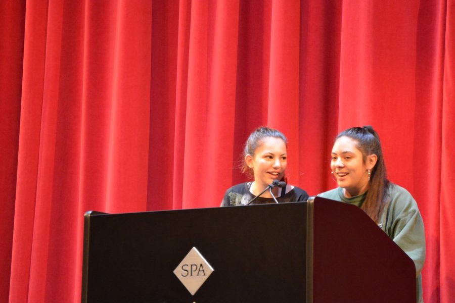 Sophomores Karla Garcia and Tana Ososki introduce the songs played at each Blue & Gold Assembly. 