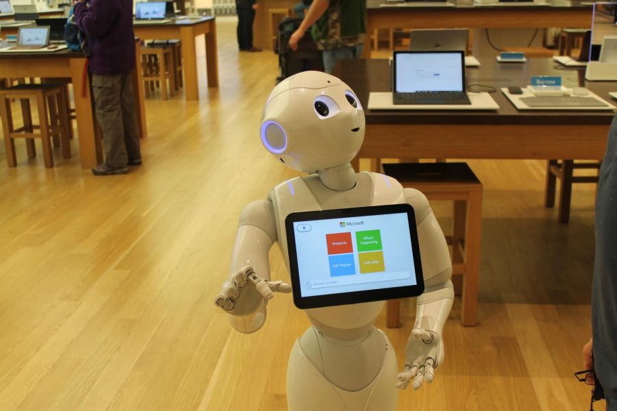 Pepper is a robot capable of communicating with humans who resides at the Microsoft store at the Mall of America.