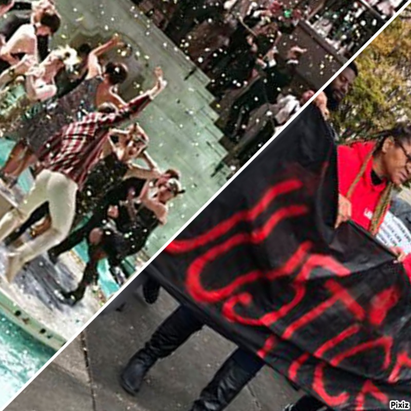 Top left: an extravagant party hosted by the fictional character Jay Gatsby. Bottom right: Protesters carry a sign reading Justice for E.J. after a recent police shooting in Alabama.   