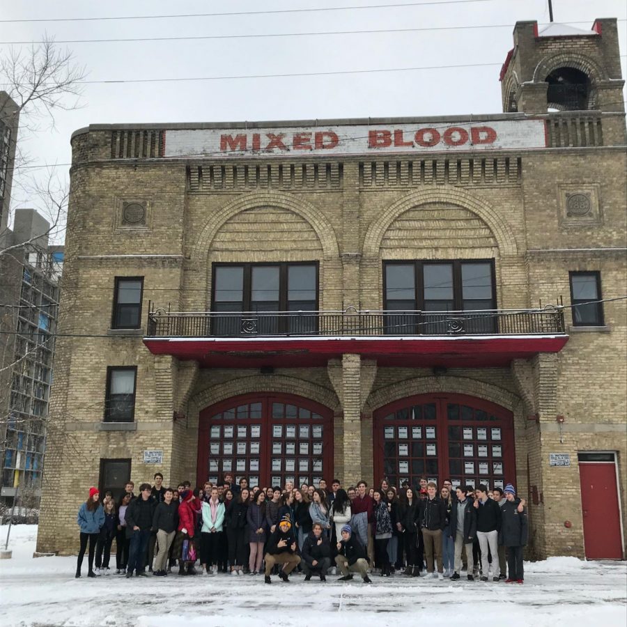 Sophomores stand outside Mixed Blood theater before watching Hype Man on an American Literature field trip.