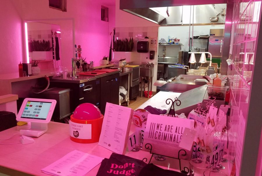 The kitchen, bathed in the pink glow of the fluorescent lights. 